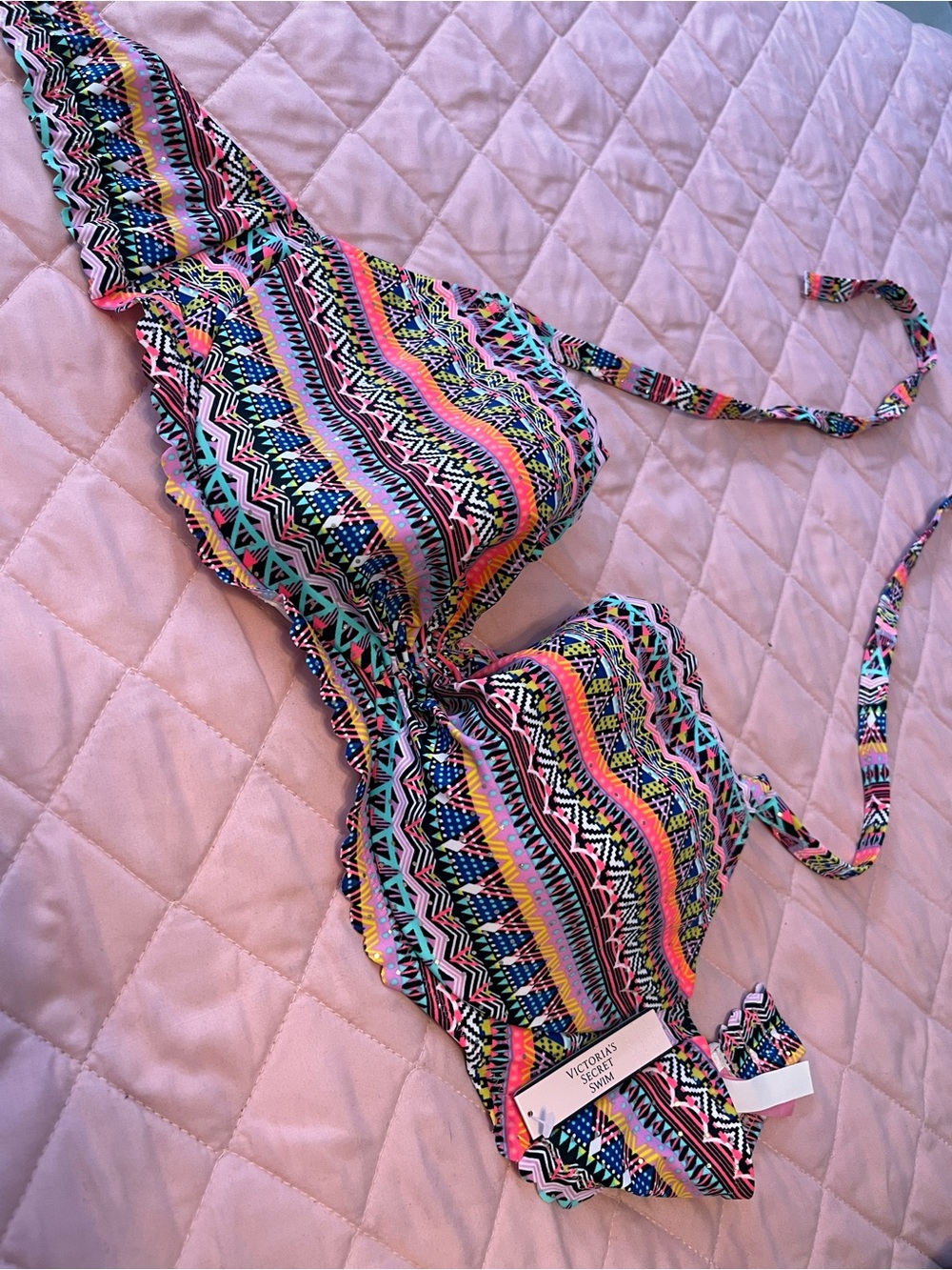Victoria's Secret Girls' Neon Aztec Print Swim Top - Pink, Black, Yellow, Blue